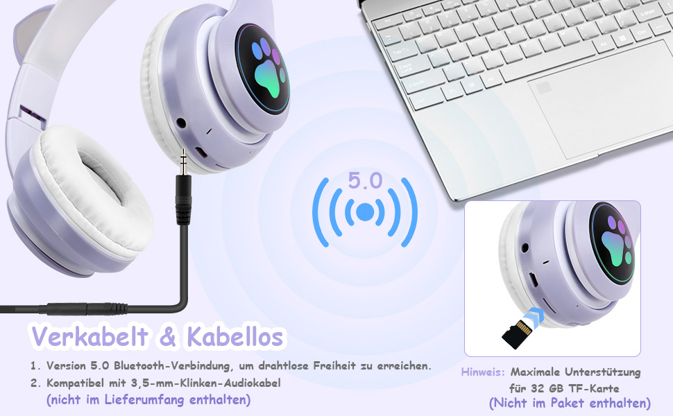 Дитячі навушники AXFEE з Bluetooth, Over-Ear, котячі вушка, LED-підсвітка, мікрофон, Micro SD/TF, рожеві