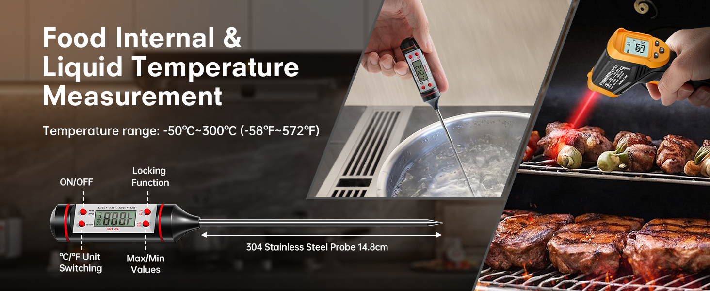 Інфрачервоний термометр Eventek -50°C до 600°C. Безконтактний лазерний термометр з підсвічуванням екрану. Для кухні, гриля, охолодження, промисловості. З термометром для м'яса (600°C версія)