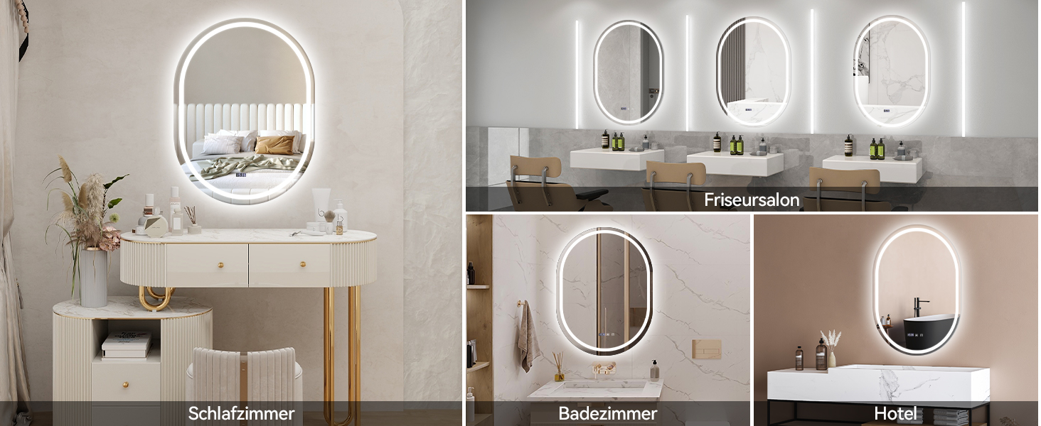 Дзеркало для ванної кімнати YOURLITE з підсвічуванням, 60 см, LED, сенсорне керування, 3 кольори світла, регулювання яскравості, антизапар, пам'ять, годинник, овальне, білий