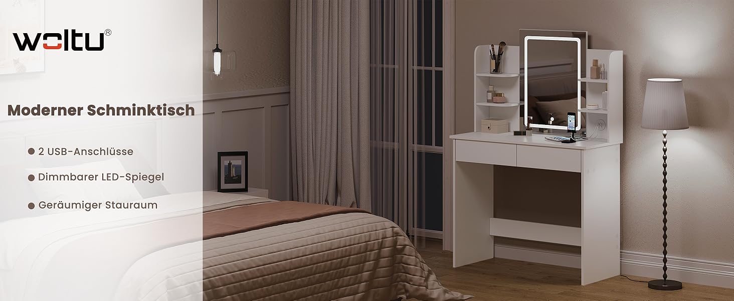 Туалетний столик WOLTU з LED-підсвіткою, регульованою яскравістю, 2 USB-портами, дзеркалом, 2 шухлядами та 4 відкритими полицями, білий, для макіяжу і спальні, модель MB6112ws з гірляндою