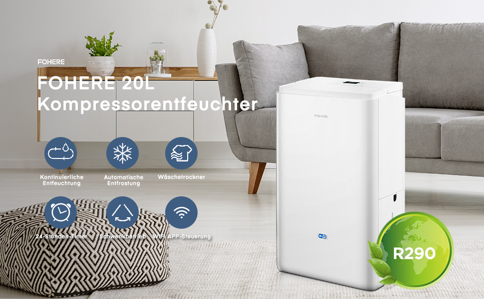 Розумний осушувач повітря з Wi-Fi та додатком, 20 л/24 год, для приміщень до 135 м³ (50 м²), об'єм бака 4.2 л, захист від переливу, таймер 24 год з режимом прання, осушувач для підвалу, спальні, ванної кімнати