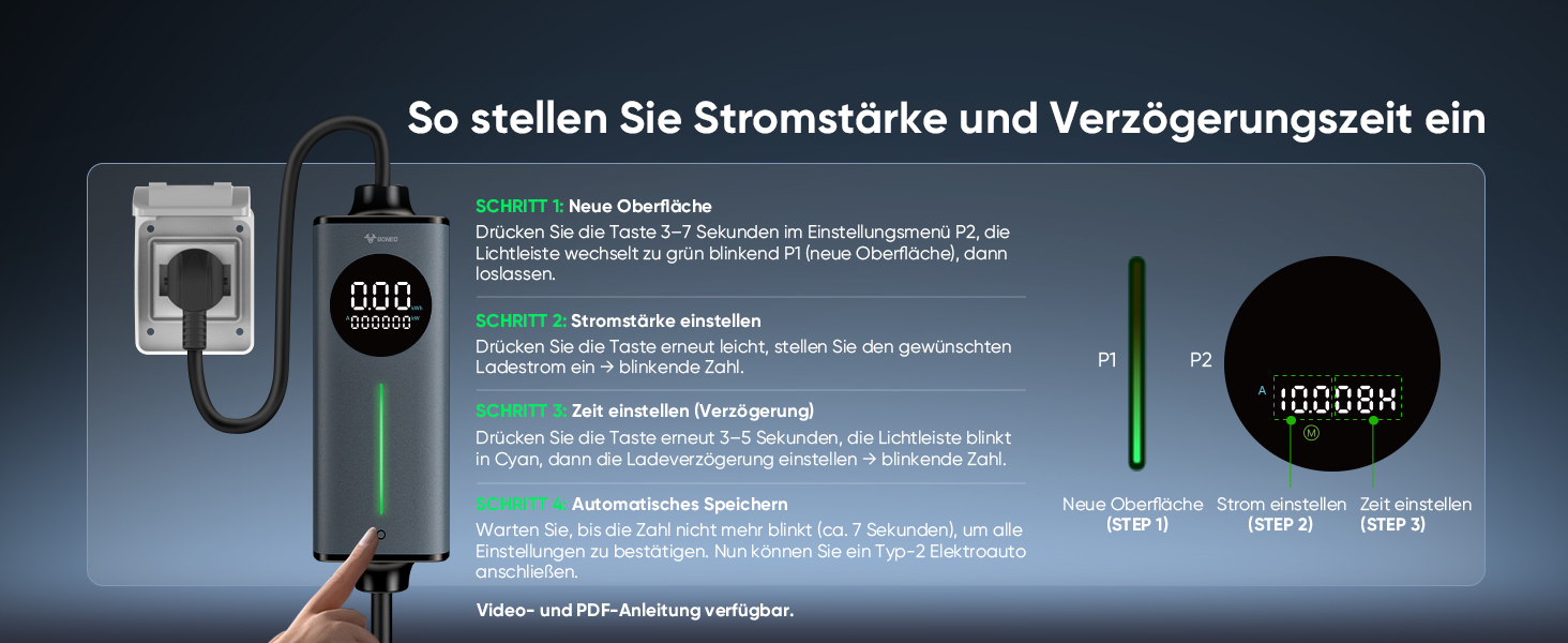 Кабель для електромобіля GONEO Typ 2 Schuko, 10м, 16A, 3.68 кВт - Портативна зарядка з захистом FI, автоматичним заземленням та контролем температури, таймер для електромобіля, сертифікат TÜV