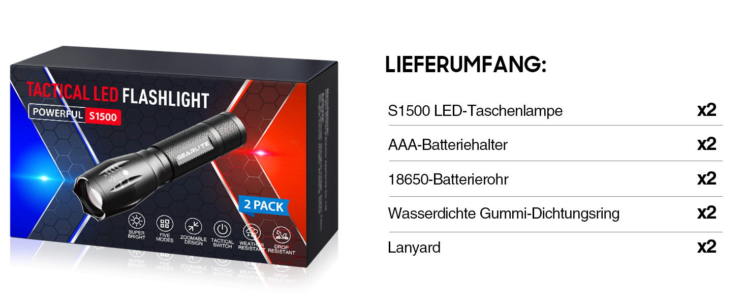 LED ліхтарик Gearlite 2 шт., 2000 люмен, 5 режимів, IP65, водонепроникний, для кемпінгу, туризму, дітей, чорний