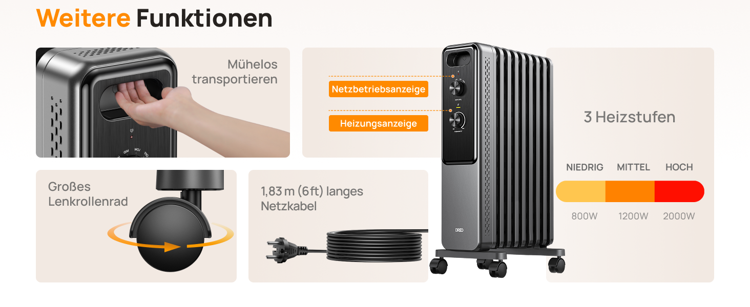 Електричний масляний радіатор Dreo з 9 ребрами, 2000W, тихий, з захистом від перегріву та перекидання, термостат, дитячий замок, енергозберігаючий