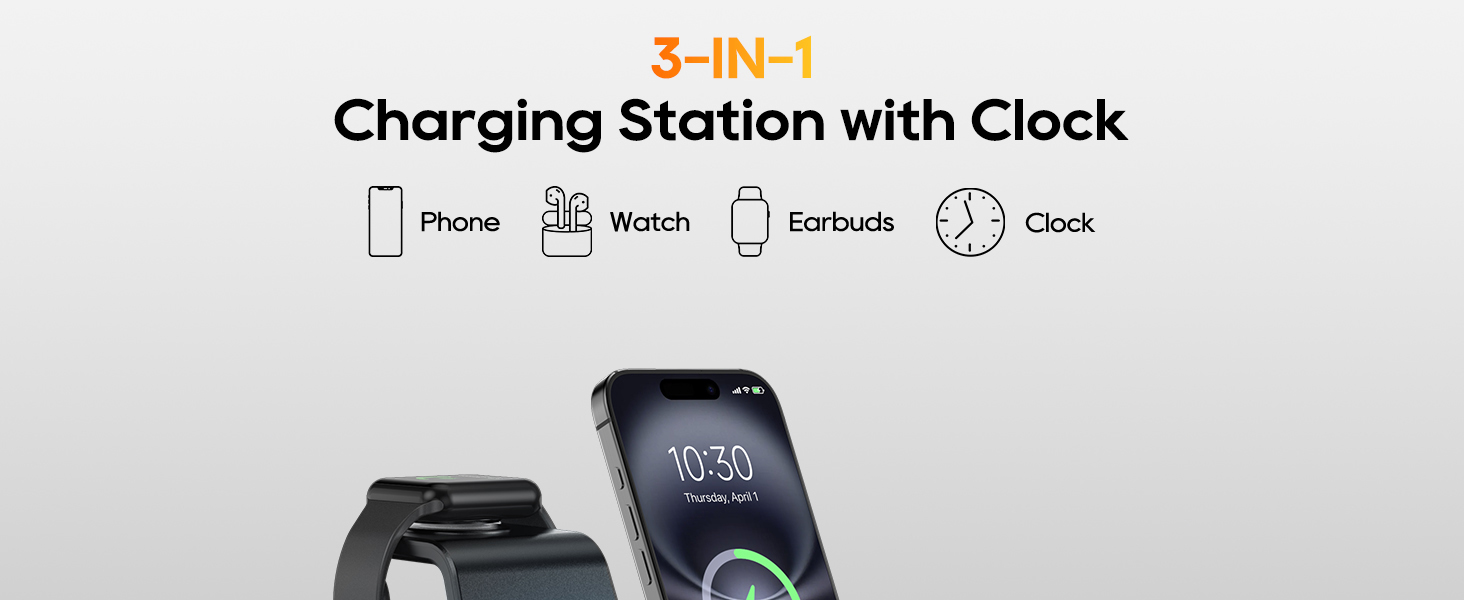 Зарядна станція 3-в-1 для Apple Watch та iPhone: Бездротовий зарядний пристрій з цифровим годинником, сумісний з iPhone 17/16/15/14/13 та iWatch 10/9/8/7/6/SE, AirPods 4/3 - Чорний