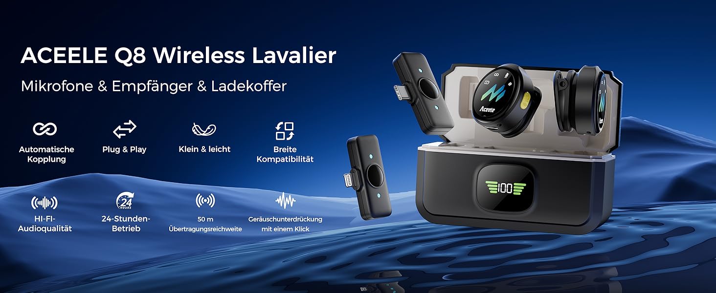 Мікрофон-петличка Aceele бездротовий для iPhone/Android/планшетів/ПК, Hi-Fi звук, шумозаглушення, 24 години роботи, радіус дії 50м, мініатюрний мікрофон для відео/стрімінгу/влогів/подкастів/інтерв'ю з кейсом для зарядки