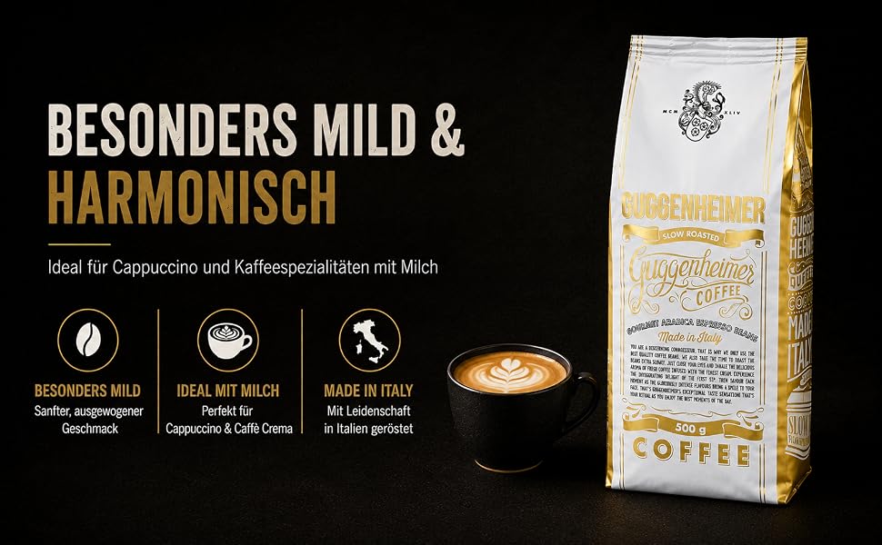 Кава в зернах GUGGENHEIMER COFFEE для автоматичних кавомашин, смак шоколаду та горіхів, Barista-якість, низька кислотність, 2 кг (4 x 500 г)
