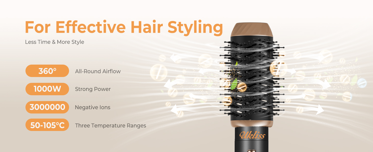 UKLISS Фен-щітка 6 в 1: Локони, об'єм, випрямлення та сушка - 1000W. Набір для створення зачісок з автоматичним завиванням, щітка-фен, круглі щітки, випрямна щітка (Чорний)