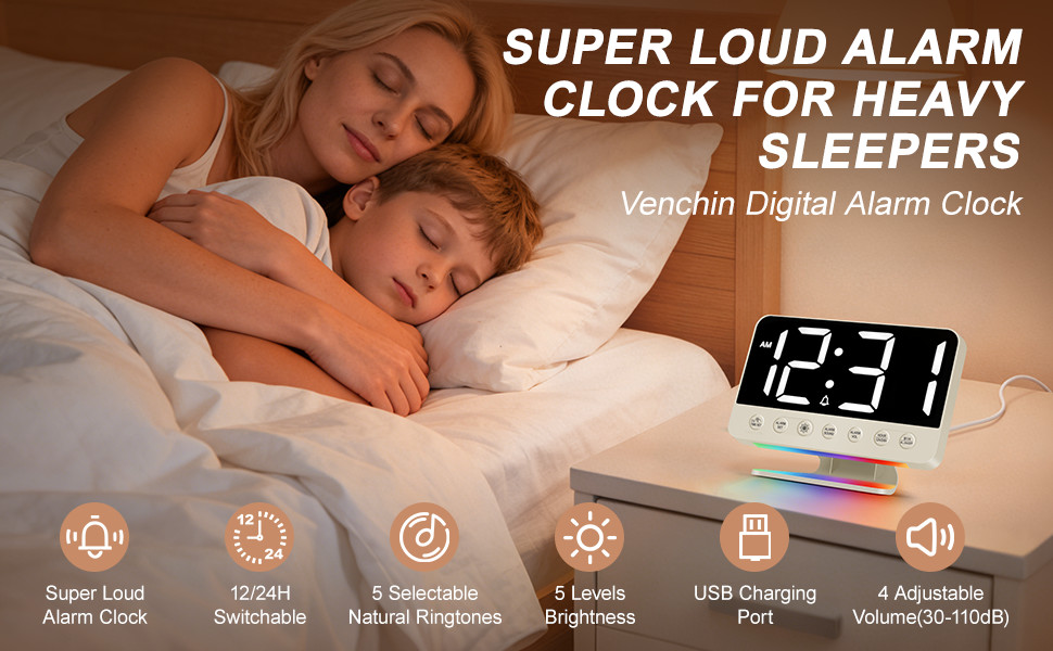 Цифровий будильник LED з RGB-підсвіткою та USB-портом, гучний сигнал 30-110 дБ для міцного сну, настільний годинник з функцією Snooze (Бежевий)