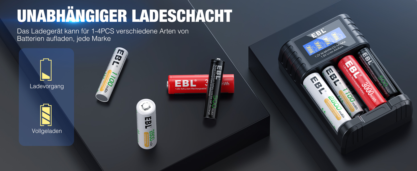 Зарядний пристрій EBL для акумуляторів AA AAA 1.2V NI-MH/Li-Ion, Type-C, індикатор заряду, окремий відсік