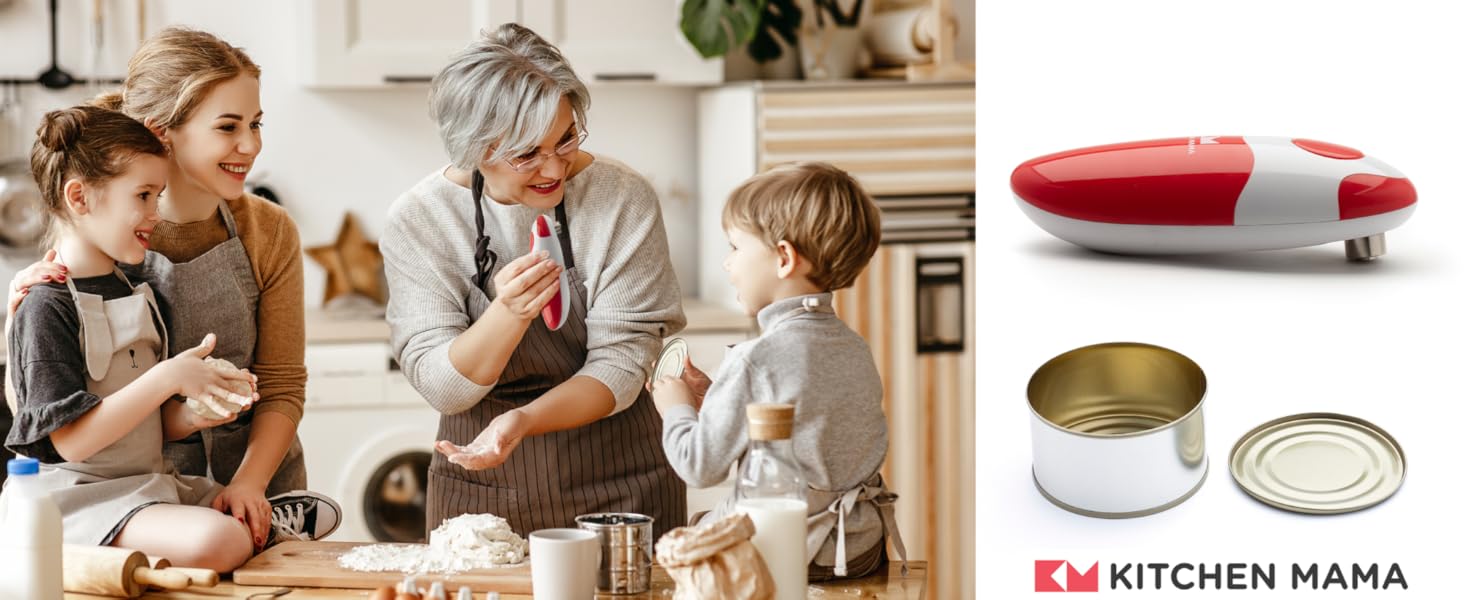 Автоматична електрична відкривачка для консервів Kitchen Mama, безпечна, зручна, без рук, гладкий край, харчова сталь, на батарейках, червона