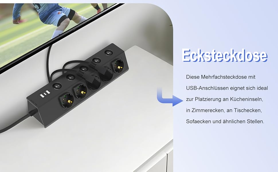 Багаторозкладна мережева розетка з USB, 5-портова, з індивідуальними вимикачами, для кухні, зі сталевою передньою панеллю, кабель 2м