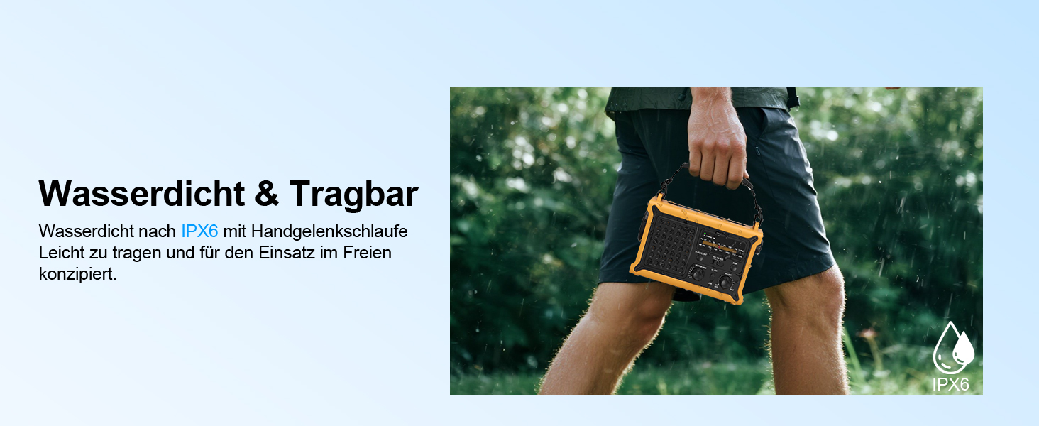 Радіостанція ROCAM на сонячній батареї та з ручним генератором, 12000mAh, AM/FM, LED ліхтарик, USB, SOS, IPX6, для кемпінгу та надзвичайних ситуацій (Жовтий)