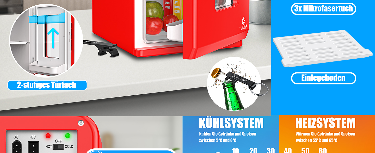 KESSER® Міні холодильник/термобокс 15L з охолодженням та підігрівом, AC/DC 220-240V/12V, для авто, офісу, кемпінгу, червоний