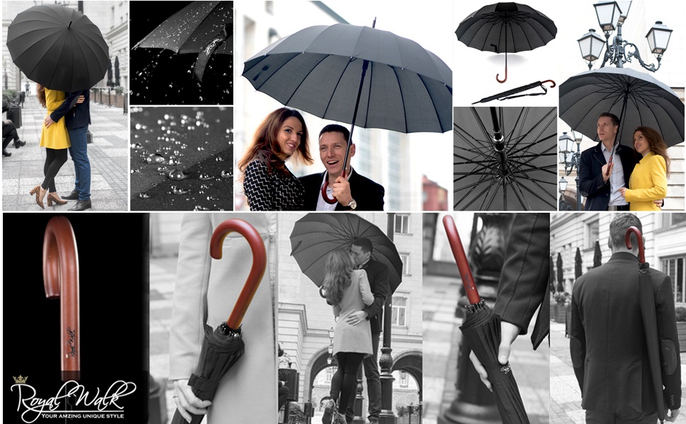 Гольф-парасолька Royal Walk XXL 54 дюйми (140 см) для 2 осіб, штормостійка, з дерев'яною ручкою, 16 ребер, чорна