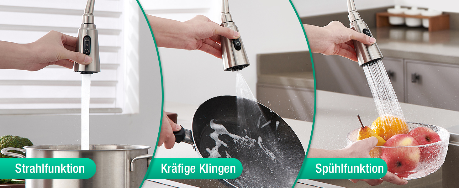 Кран кухонний CREA Wasserfall висувний з дозатором мила, нержавіюча сталь, 360° обертання, 4 режими, з душем