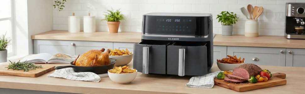 Аерофритюрниця KLAMER Duo 9L з двома незалежними кошиками, функціями Match та Sync, регулюванням температури та таймером, срібляста