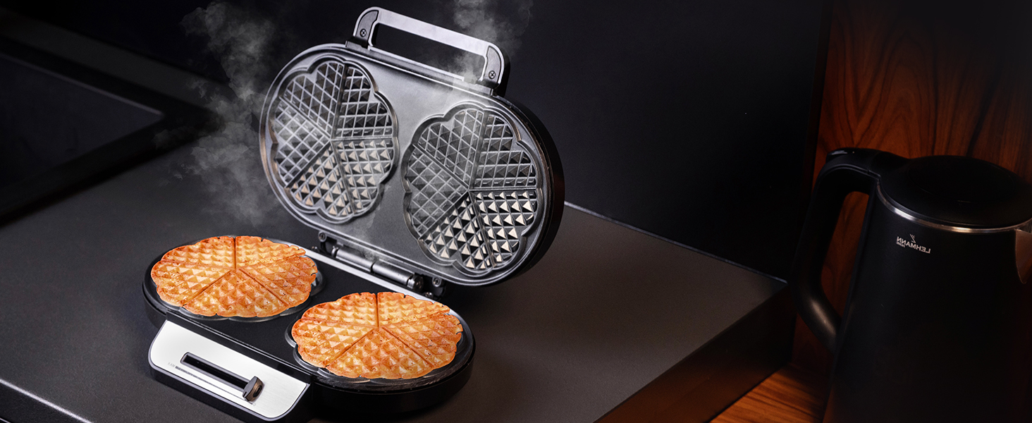 Вафельниця LEHMANN Doppel Waffeleisen Herzform - для випікання 10 вафель у формі серця, з антипригарним покриттям, регулюванням температури, індикатором нагріву, 1200W, чорний/срібний