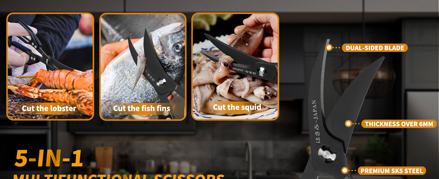 Набір кухонних ножиць DRAGON RIOT чорного кольору: професійний набір з ножицями для морепродуктів та кухонними ножицями, гострі японські ножиці для м'яса, крабів, креветок, омарів, трав та приготування їжі