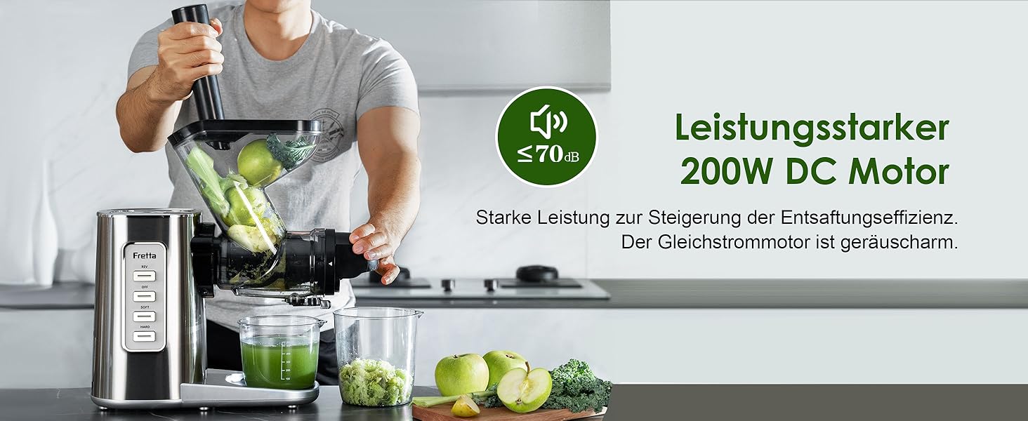 Електричний соковитискач Fretta Slow Juicer з нержавіючої сталі, 200W, Cold Press, велика завантажувальна горловина 76 мм, висока сафровидача, легке очищення, без BPA