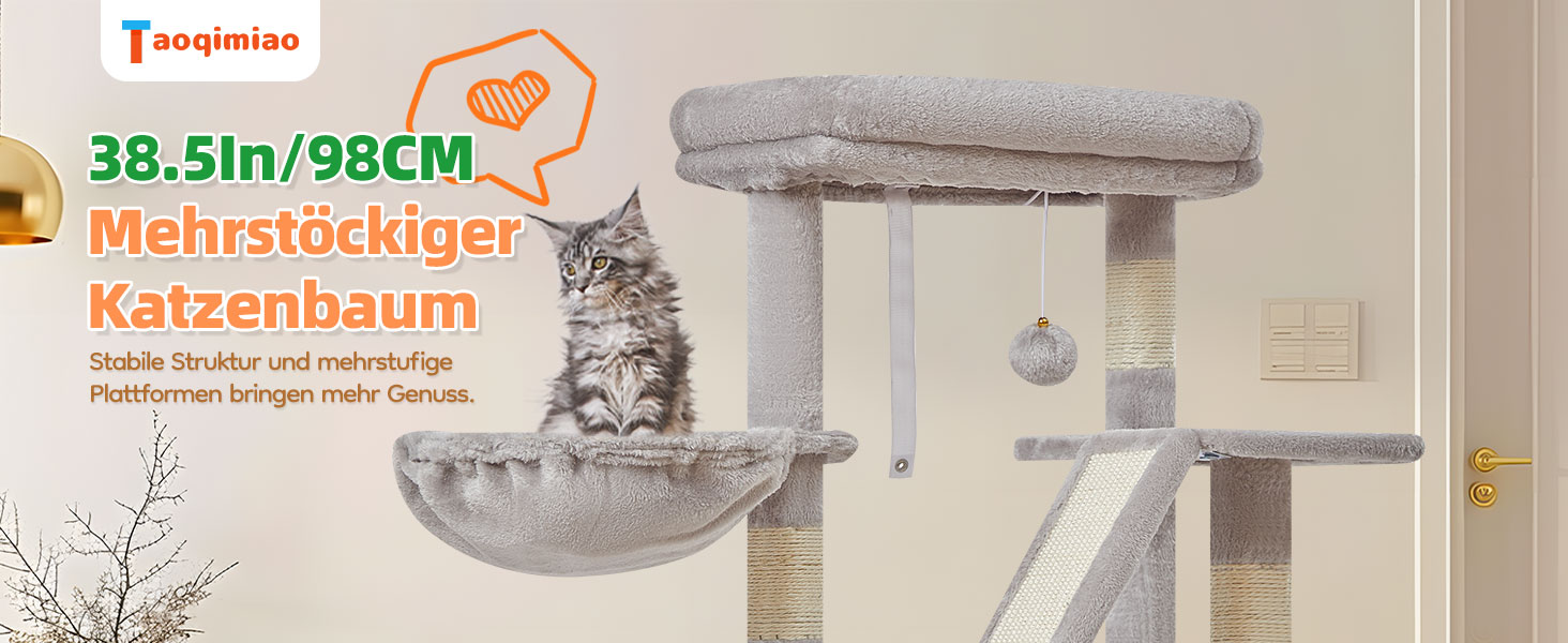 Котячий будиночок Taoqimiao з когтеточкою, 98 см, сірий. Когтеточка для котів, кігтеточка-дерево з будиночком, кошиком, 4 когтеточками та іграшками. MS029SW