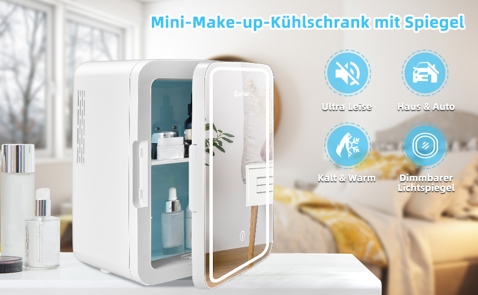 COSTWAY 10L Skincare Fridge - Mini Glass Door Fridge with Touch Screen Mirror & Cooling/Heating for Beauty & Cosmetics