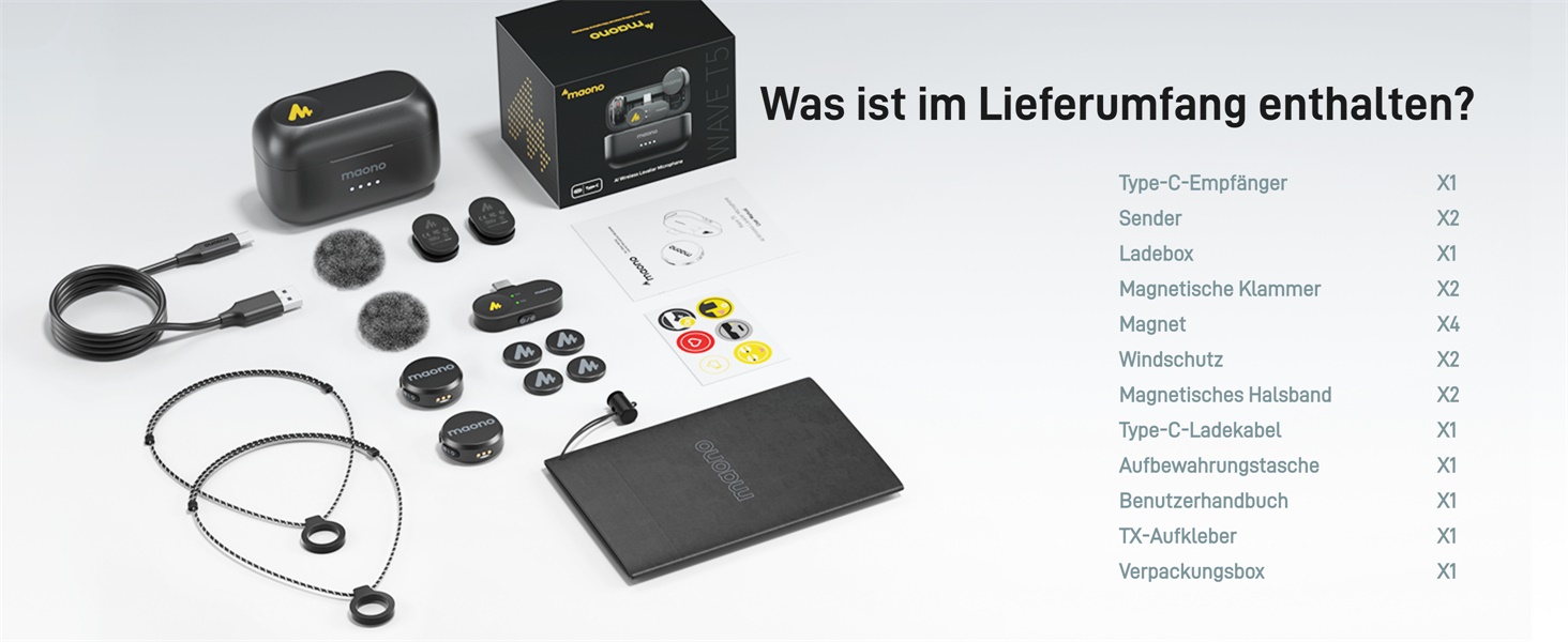 MAONO Бездротовий петличний мікрофон Wave T5 USB-C для iPhone 15/16, Android: 48kHz/24Bit, 30 годин роботи, шумозаглушення, 300м радіус дії