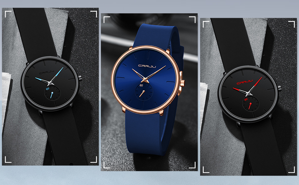 Годинник чоловічий CRRJU з силіконовим ремінцем, ультратонкий, водонепроникний, мінімалістичний, спортивний, кварцовий, блакитно-чорний