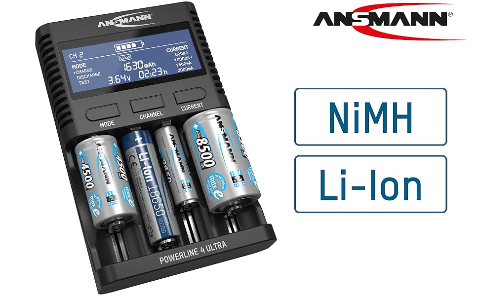 Зарядний пристрій ANSMANN для NiMH/Li-Ion акумуляторів AAA, AA, C, D (1-4 шт) та Li-Ion 10340-26650, USB