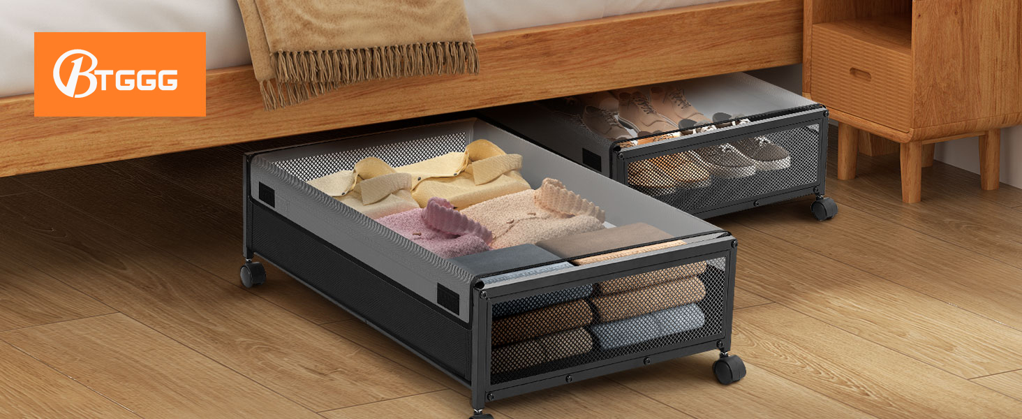 Підліжкова комода з колесами 2 шт., 48 л, ящик для зберігання під ліжком з кришкою та металевим каркасом, складана підліжкова коробка з колесами для одягу, постільної білизни, взуття, 48 л * 2, липучка