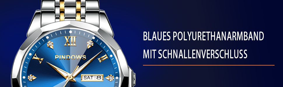 Годинник чоловічий PINDOWS Luxus Quarz з датою, великим циферблатом, водонепроникний, модний, бізнес-стиль. Елегантний двоколірний годинник з нержавіючої сталі з підсвічуванням та календарем. Срібний браслет, синє циферблат De650n3