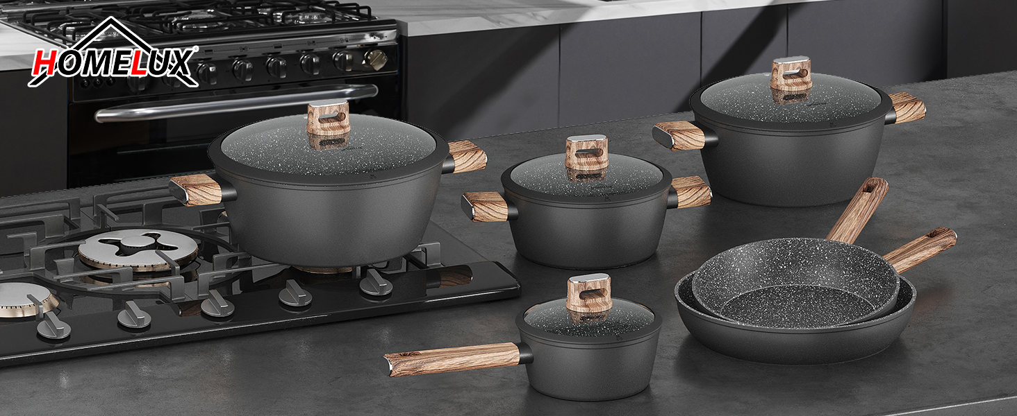 Набір каструль HOMELUX 10 частин з нержавіючої сталі, індукційне дно, з кришками, чорний
