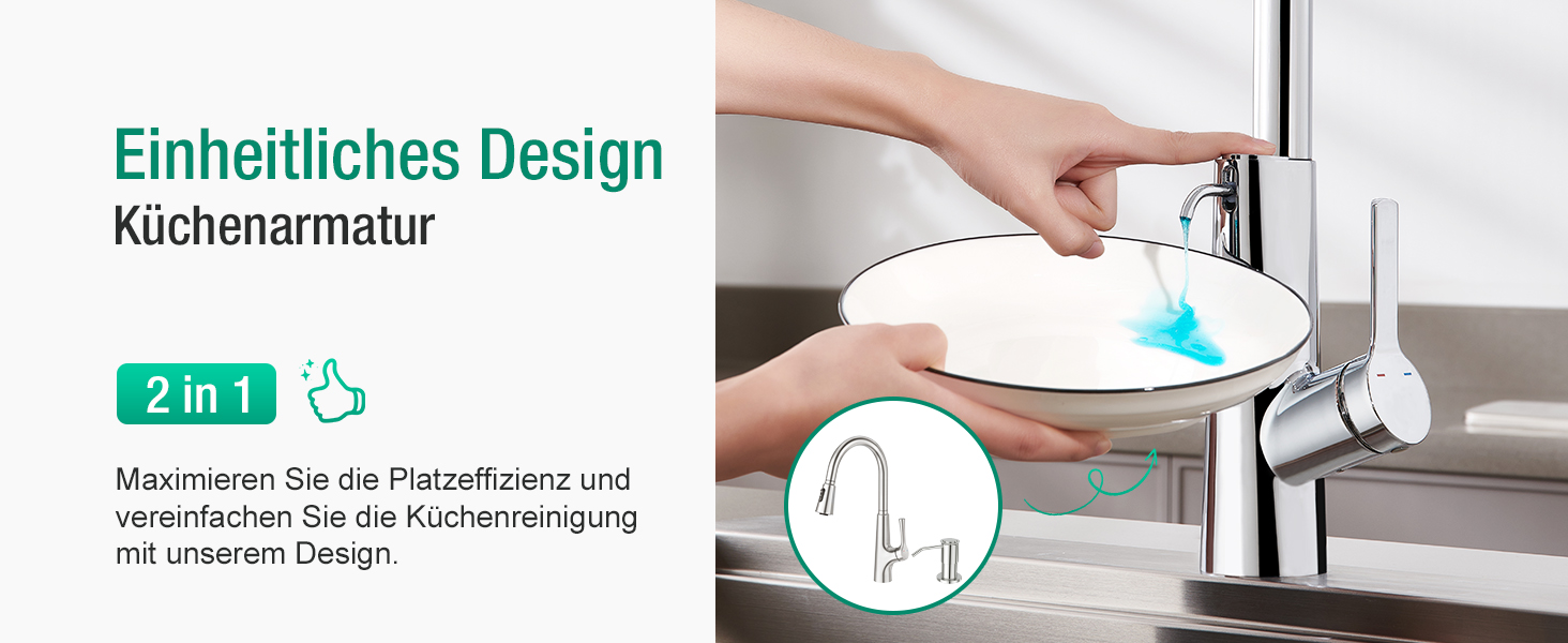 Кран кухонний CREA Wasserfall висувний з дозатором мила, нержавіюча сталь, 360° оберт, 4 режими, хром