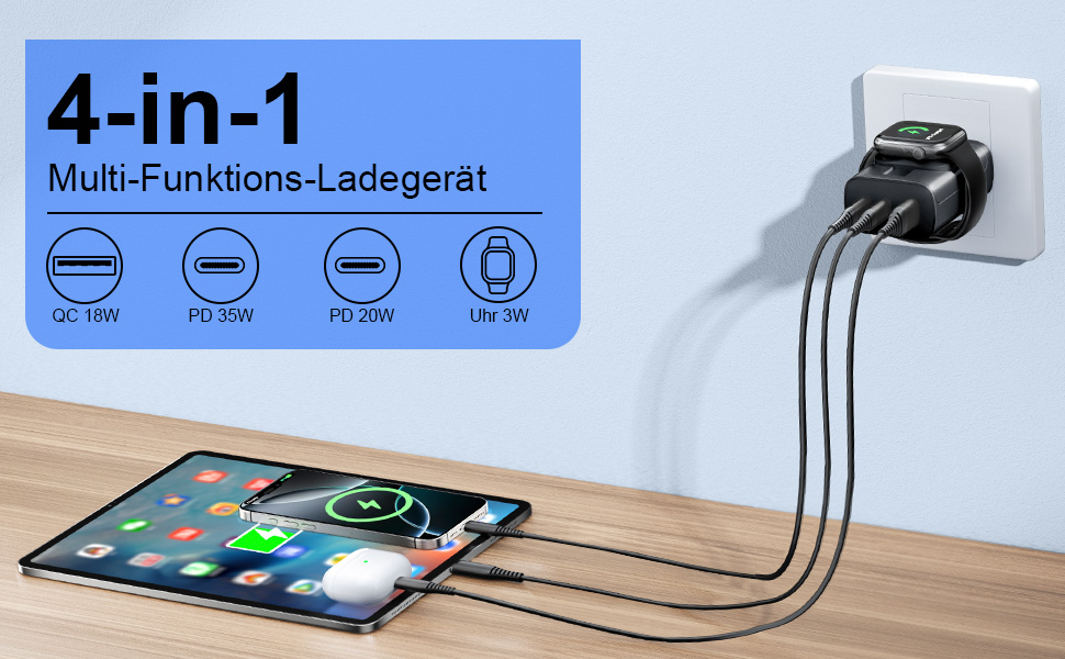 Зарядний пристрій 4-в-1 для Apple Watch та iPhone: 40W USB-C, швидка зарядка PD, сумісний з Apple Watch 10/9/8/7/6/Ultra/SE, iPhone 17/16/15 Pro Max, iPad, AirPods (білий)