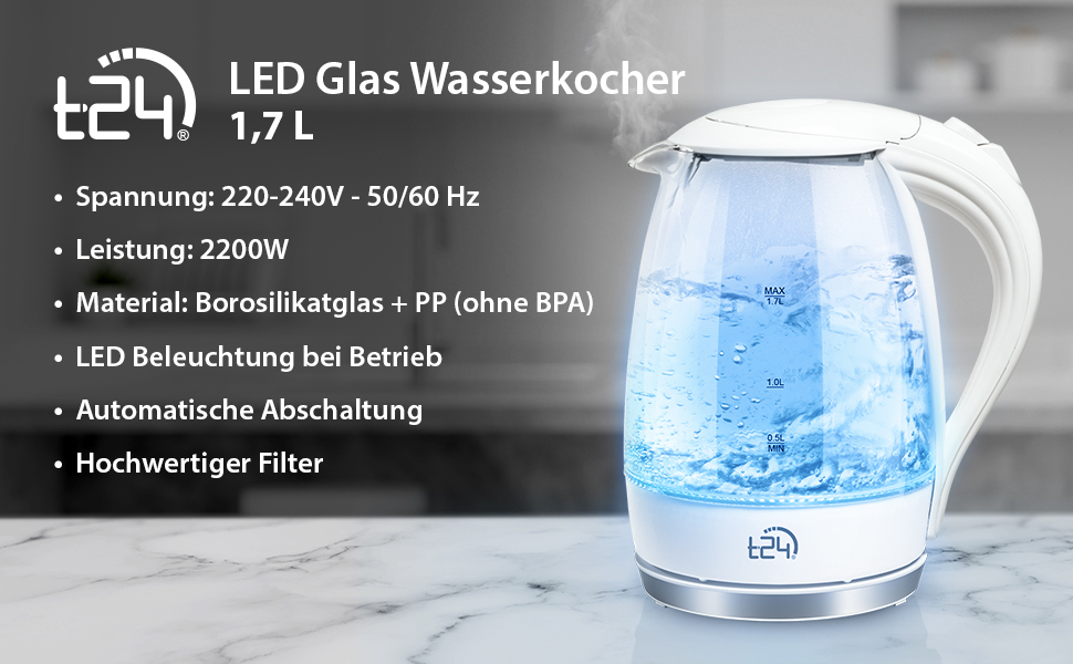 Скляний електрочайник T24 79020 з LED-підсвіткою, 1.7 л, 2200 Вт, захист від википання, без BPA, білий