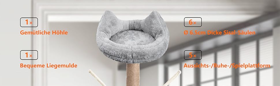 Кліматичний комплекс для котів Kratzbaum 145 см: кігтетопка, ігровий майданчик, ліжко, печера, платформи, сізалова колона, сірий колір