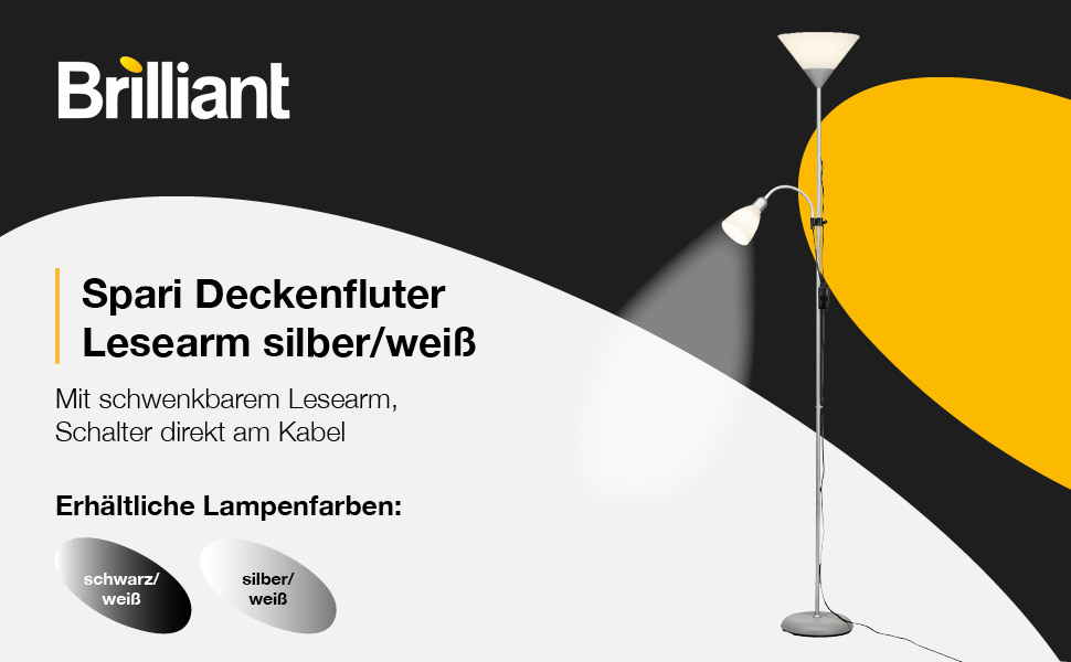 Стеля-прожектор Brilliant Spari з лампою для читання, чорний/білий – LED підлогова лампа – 1,8 м – сумісна з LED-лампочками (патрони E27 та E14) – регульована ручка для читання – без LED-ламп