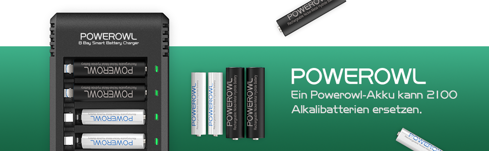 Зарядний пристрій Powerowl для акумуляторів AAA/AA з 8 слотами, 8 шт. акумуляторів AAA 1000mAh, Micro-USB, універсальний заряд для NI-MH/NI-CD акумуляторів