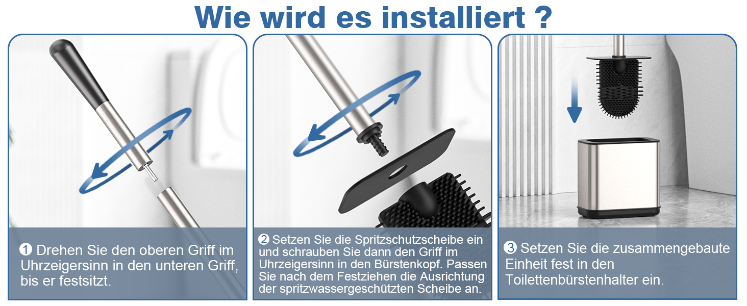 Набір для чищення унітазу FUNPALA з нержавіючої сталі та силікону, 2 насадки, тримач, сріблястий