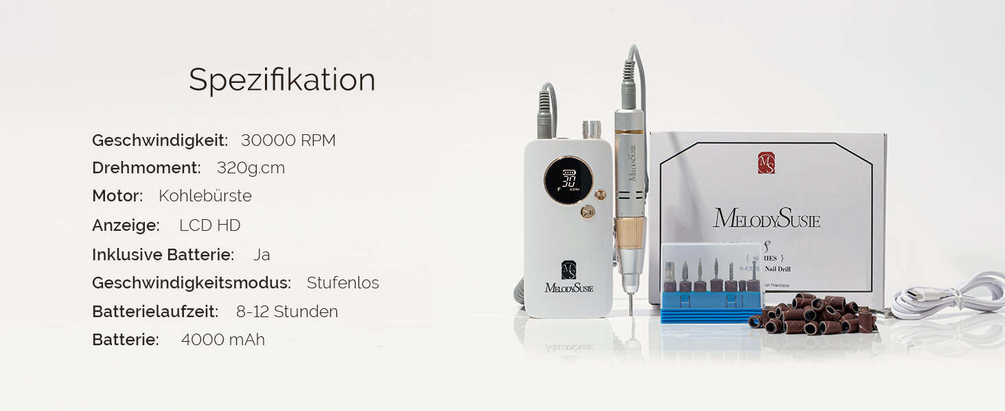 Електрична фрезер для нігтів MelodySusie SC320F – професійний бездротовий апарат для манікюру, 30000 обертів, для акрилу, гелю, полірування та видалення, набір для салону та дому (білий/золотий)