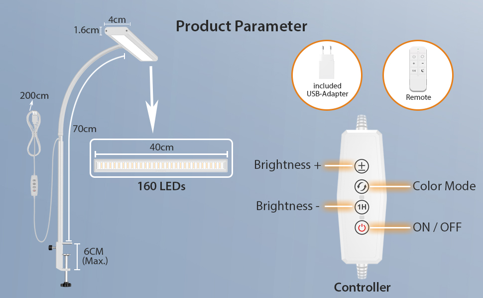 LED лампа для столу 10W з регулюванням яскравості - 160 LED, USB-адаптер, 3 колірні температури, 10 рівнів яскравості, гнучкий 30см шлангу, для дому та офісу, з пультом керування