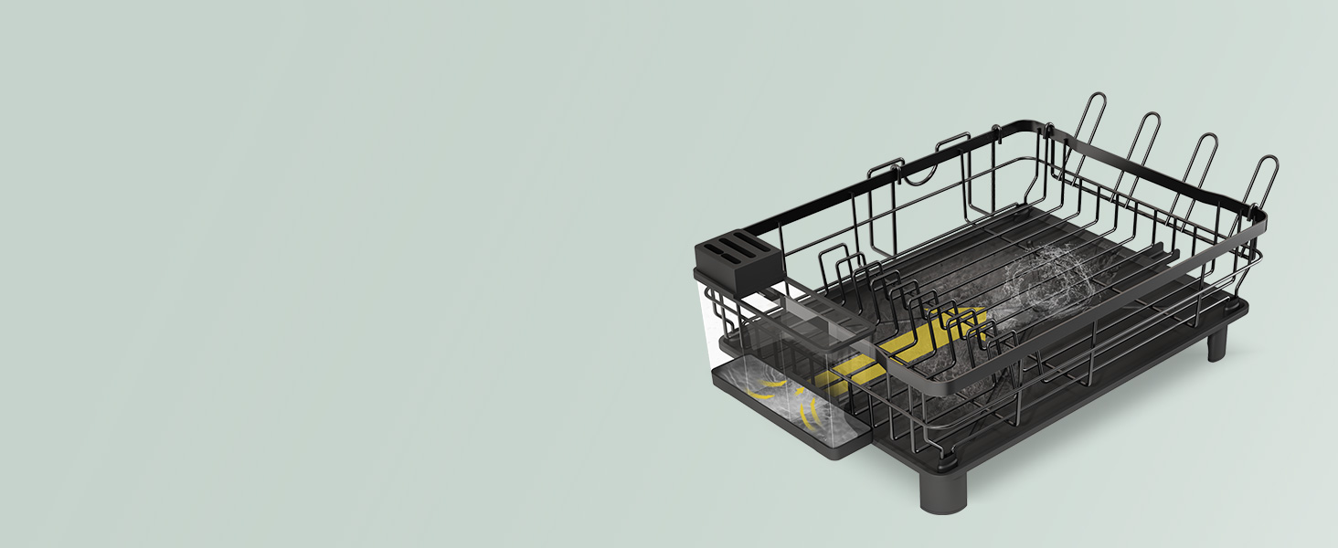 Сушарка для посуду MAJALiS з піддоном та килимком, 2-рівнева, з тримачем для столових приборів, поворотним виливом, чорна