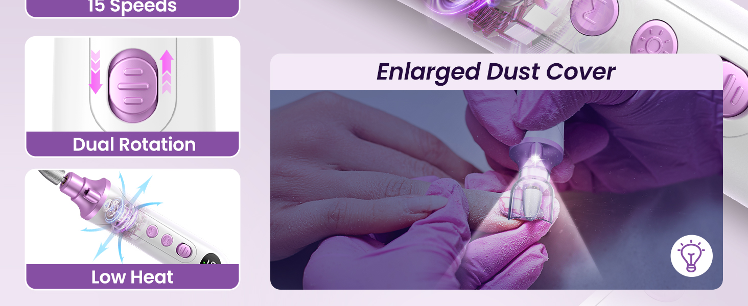 Електричний набір для манікюру та педикюру з 9 насадками та 15 швидкостями, LED-підсвічуванням, W-Lila