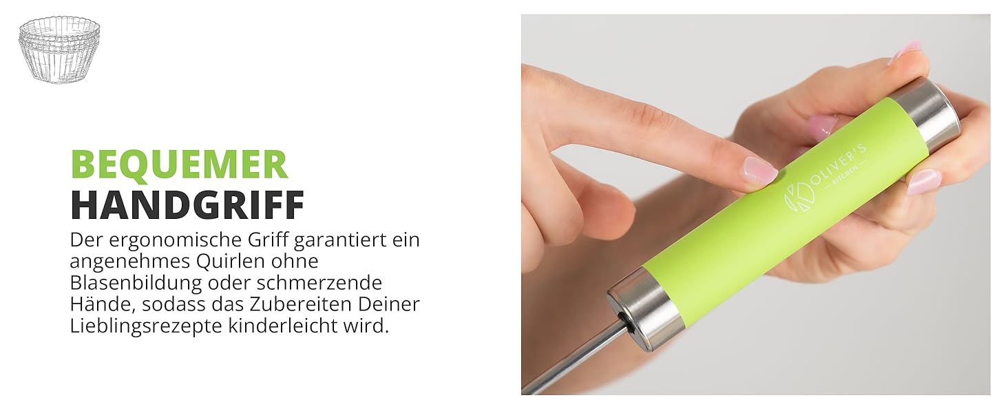 Ручний міксер Oliver's Kitchen® Hand-Quirl - Автоматичний вінчик для яєць, масла, вершків, кави, коктейлів | Без батарейок, компактний, зелений