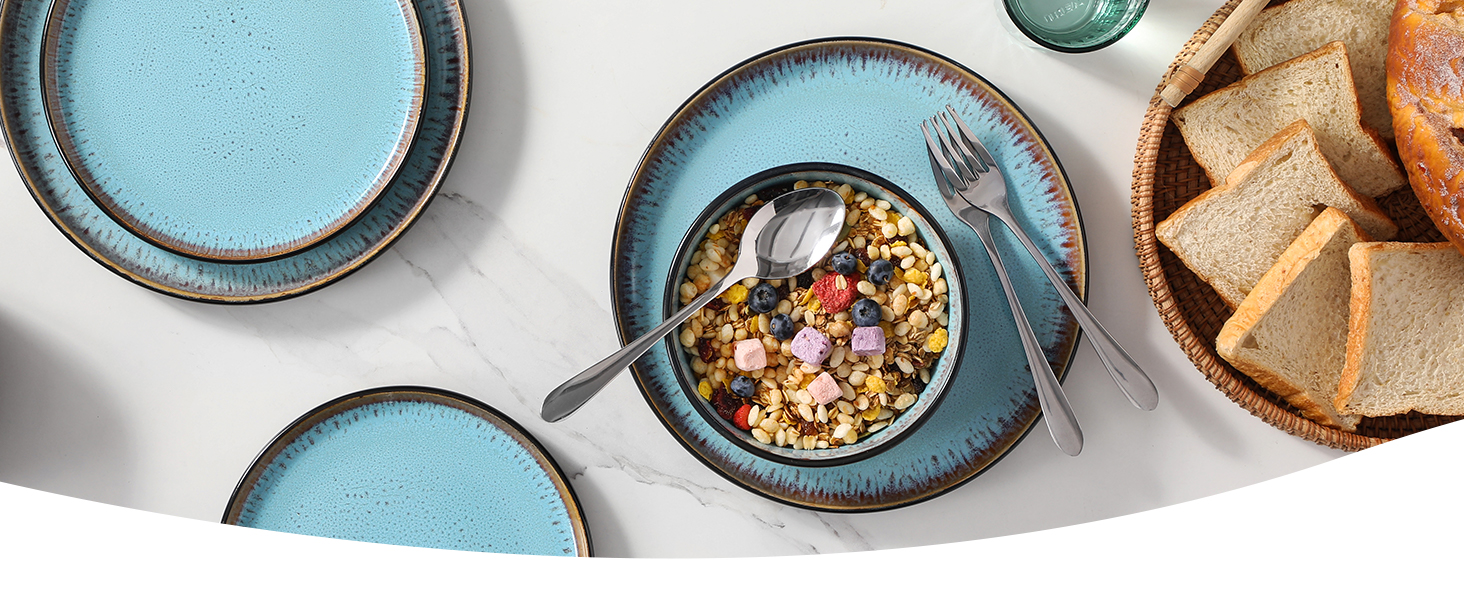 Набір мисок Vancasso (36 шт.) для сім'ї: 6 мисок з кераміки (840 мл), салати, супи, десерти. Безпечно в мікрохвильовці та посудомийній машині (Морська блакить)