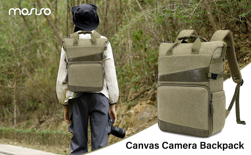 MOSISO Рюкзак для камери, DSLR/SLR/беззеркальна камера, відділення для штатива та 15-16 дюймовий ноутбук, ручка з PU, фоторюкзак з канвасу, сумісний з Canon/Nikon/Sony, оливковий жовтий