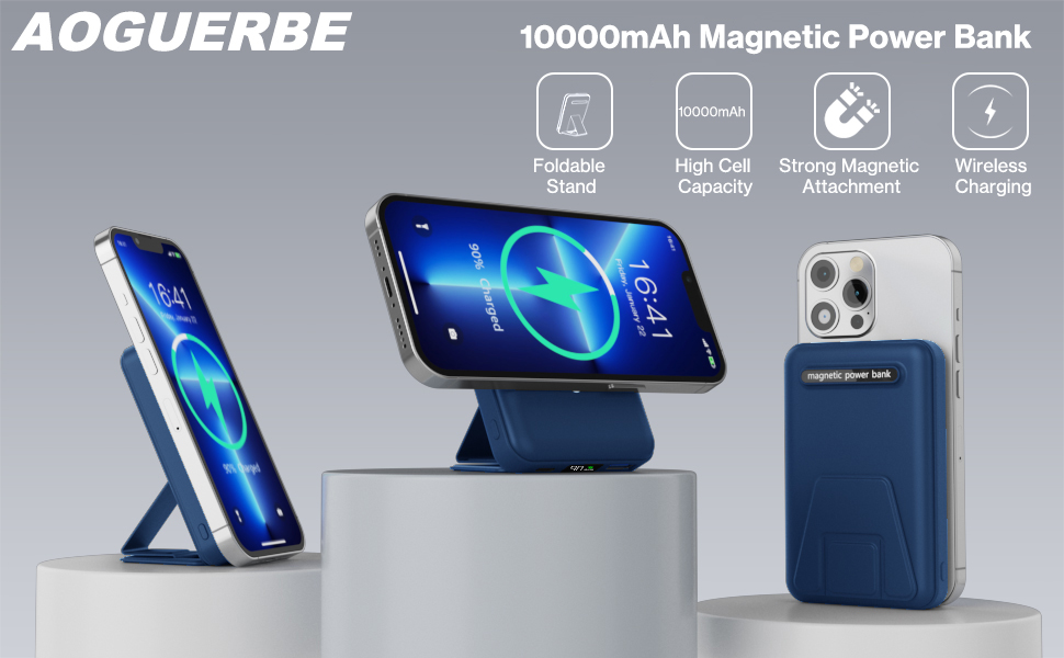 Power Bank AOGUERBE 10000mAh з LED дисплеєм та магнітною зарядкою, 22.5W, сумісний з MagSafe iPhone 17/16/15/14/13/12, (Білий, Синій)