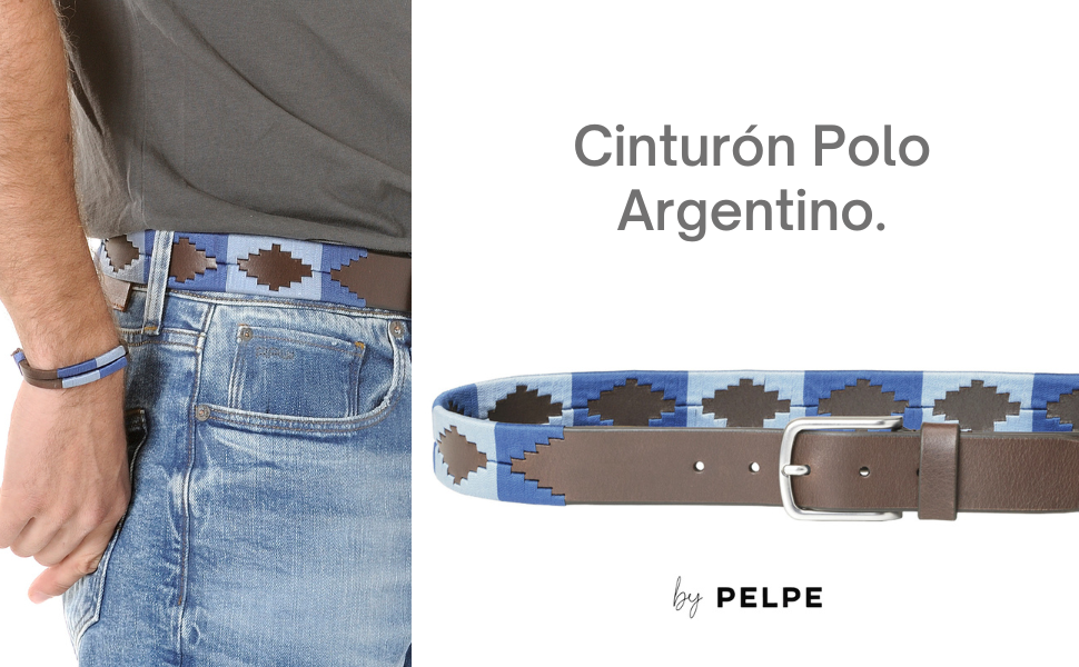 Аргентинський шкіряний ремінь з шнуром та шкіряним браслетом. Вишитий шкіряний ремінь для чоловіків та жінок. Аргентинські ремені Polo, блакитні, 110