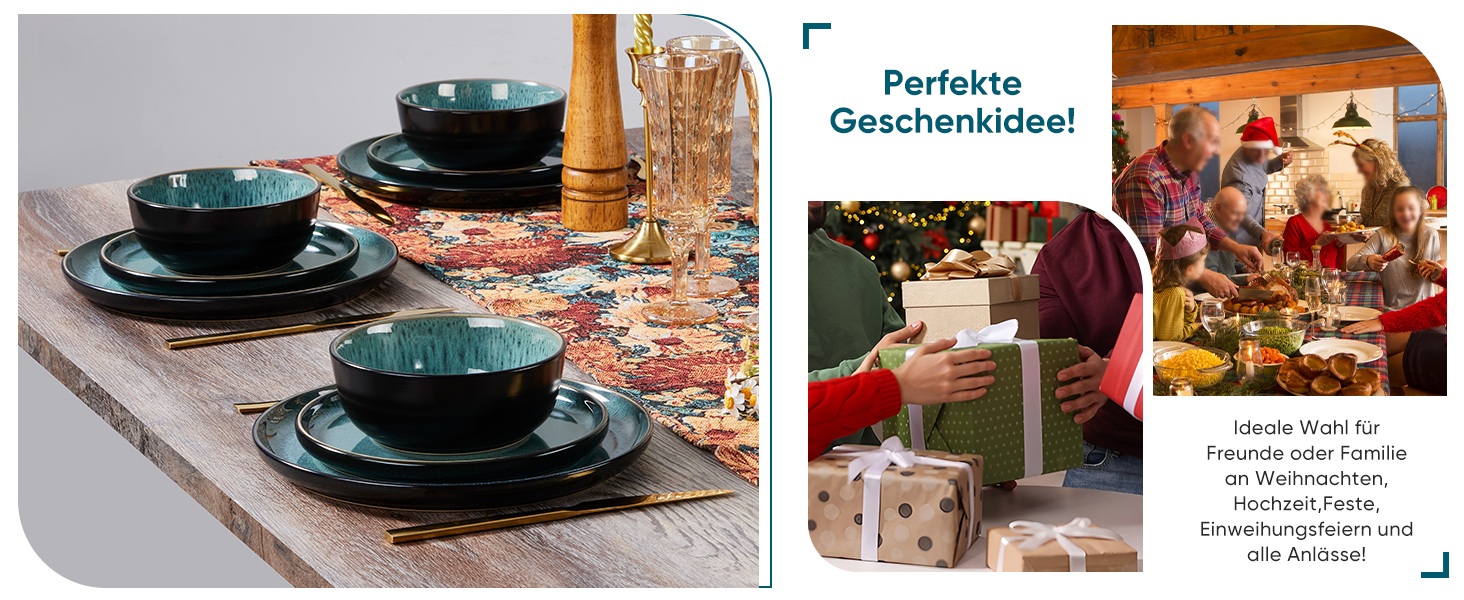 Набір посуду HaWare для 6 осіб, 18 предметів: тарілки, десертні тарілки, миски, стельова глазур, посуд для сервірування столу, блакитний колір, безпечний для мікрохвильовки та посудомийної машини