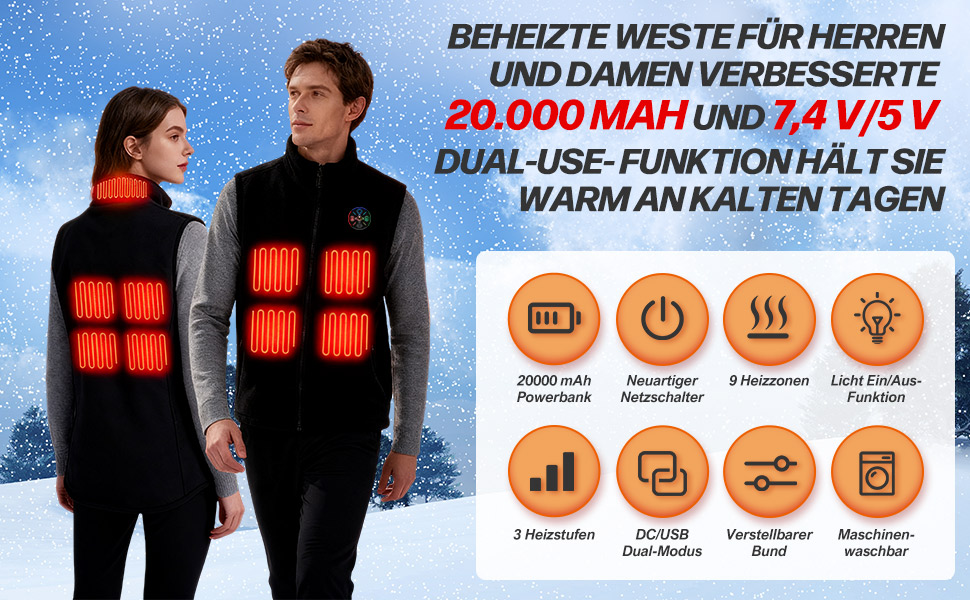 Електрична гріюча жилетка з підігрівом для жінок та чоловіків, 5V/7.4V, 20000mAh, 10 зон нагріву, 3 температурні режими, для велоспорту, активного відпочинку, роботи на вулиці, кемпінгу, розмір L, чорна